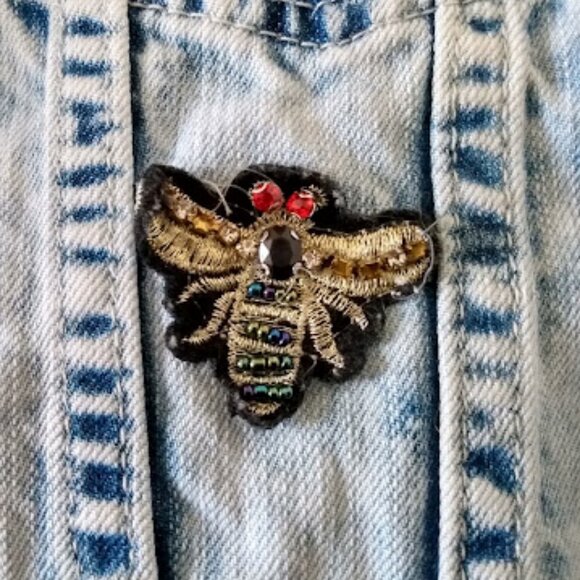 Velvet light Denim Jean Jacket with Sequin Patches Size M - Picture 10 of 12